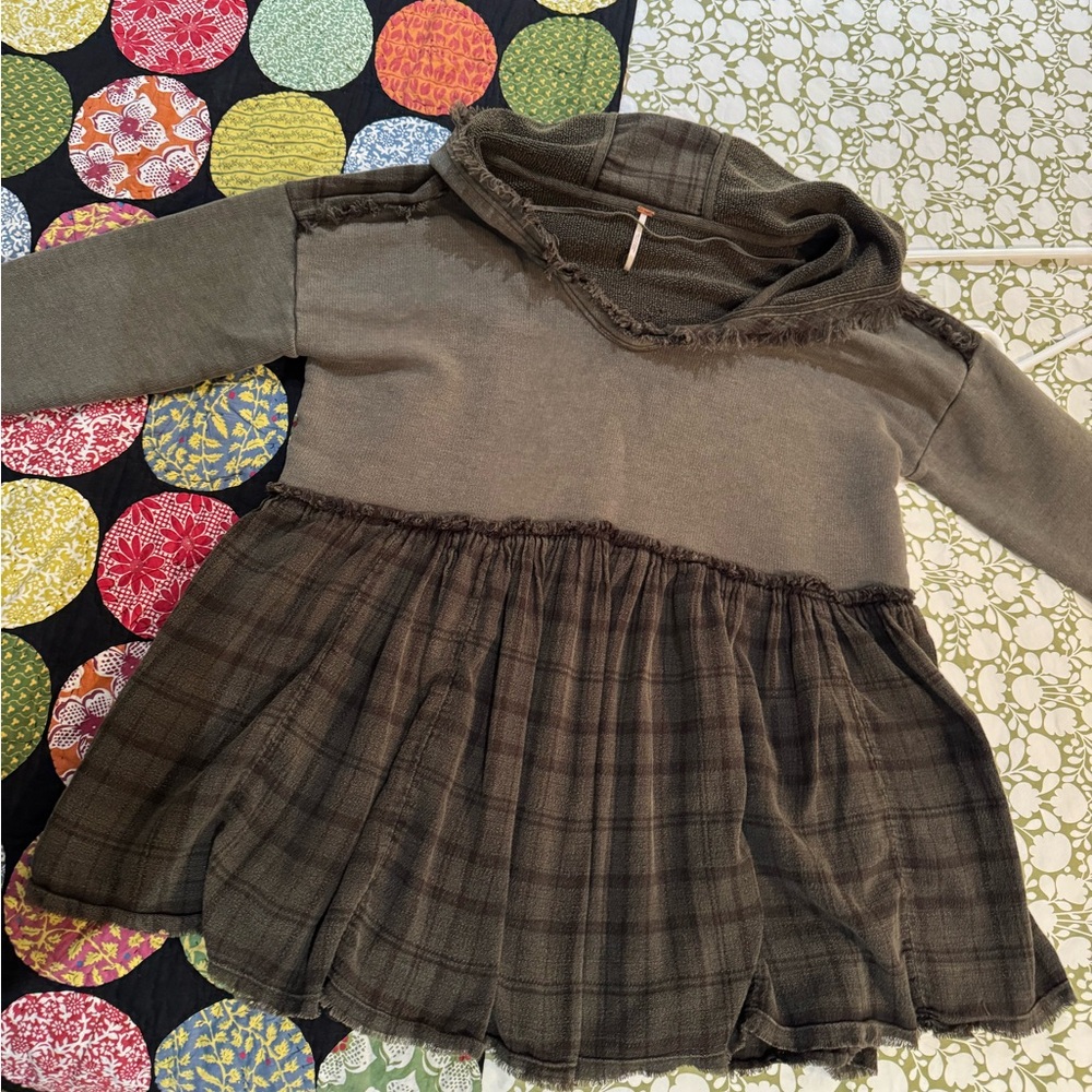 Free People Plaid Hooded Tunic in Olive Green
